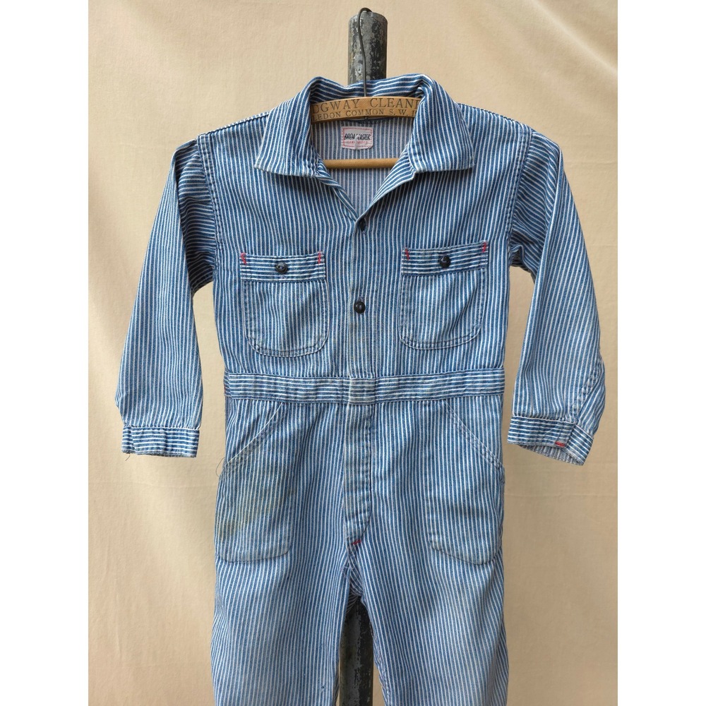 Vintage 1940s Broadcaster Blue Hickory Striped Coveralls Kids USA Made
